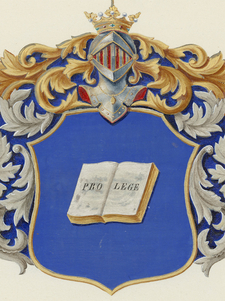 Kansikuva osalle 2 ”1873–1881: Oppi valtiosta – professorivuodet”: Mechelin-suvun vaakuna. Vaakunan keskellä on avattu kirja, jossa teksti Pro lege.