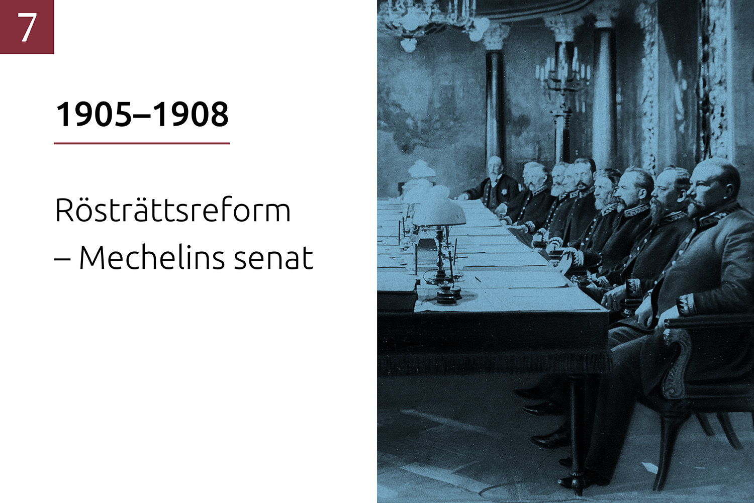 Omslag till del 7 ”1905–1908: Rösträttsreform – Mechelins senat”: Mechelins senat fotograferad 5.12.1905. Senatens medlemmar samt senatens vice ordförande Leo Mechelin sitter invid ett långt bord. Alla bär senatorsuniform.