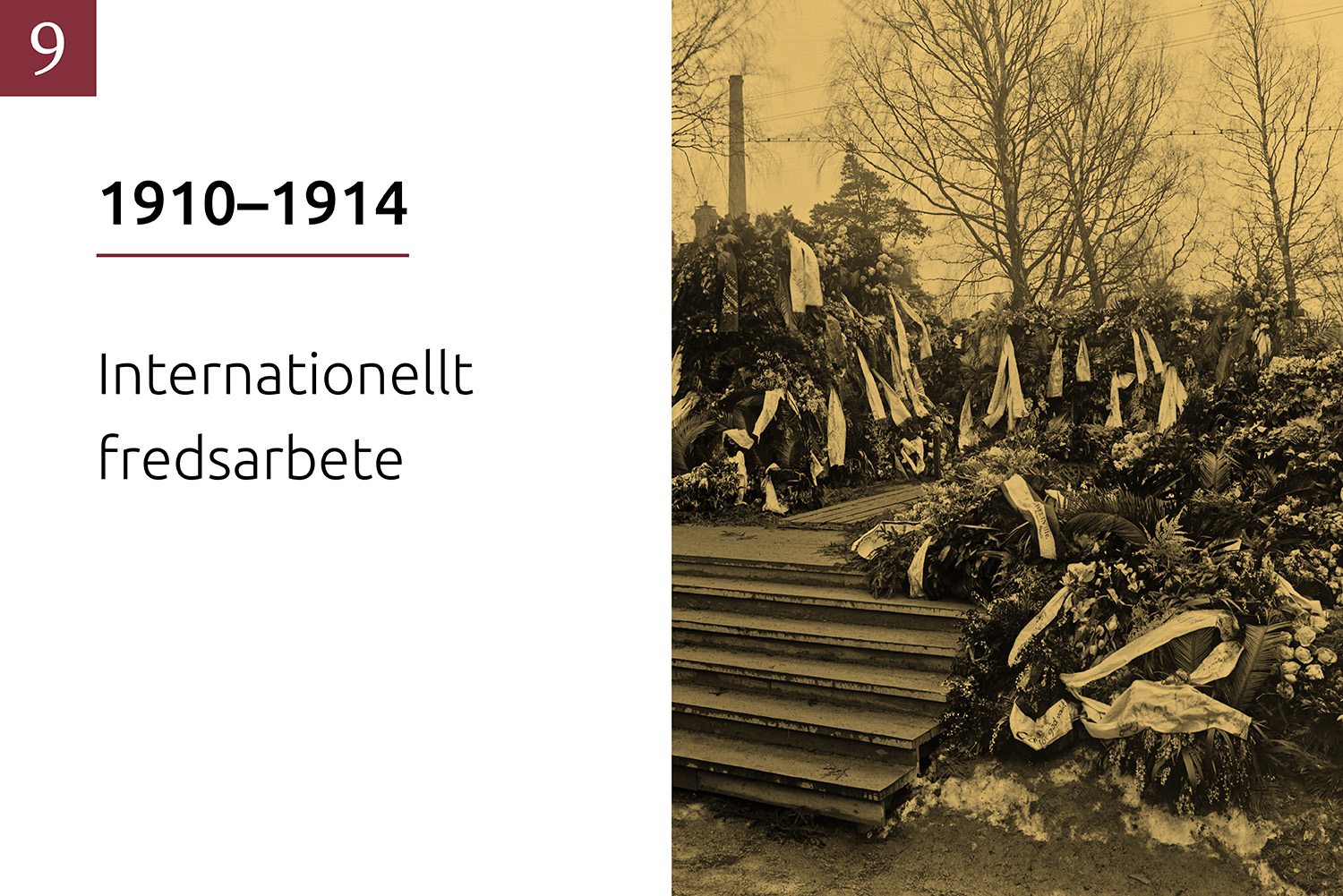 Omslag till del 9 "1910–1914: Internationellt fredsarbete”: Leo Mechelins grav fotograferad 1914. Graven är överhöljd med otaliga kransar och blommor.